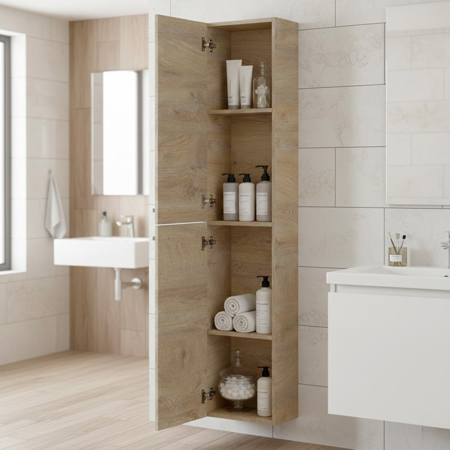 Mobile Alto Da Bagno Sospeso Con 2 Ante E 4 Mensole Interne Colonna Sospesa Salvaspazio In Melaminico 150 x 30 x 25.5 Cm Rovere Naturale