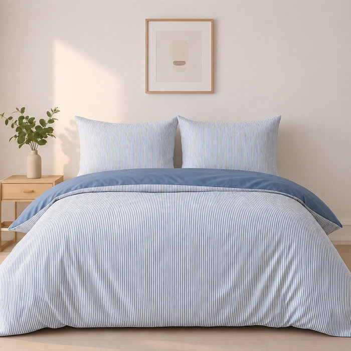 Parure housse de couette mini seersucker rayures demin bleu, MILLERAY