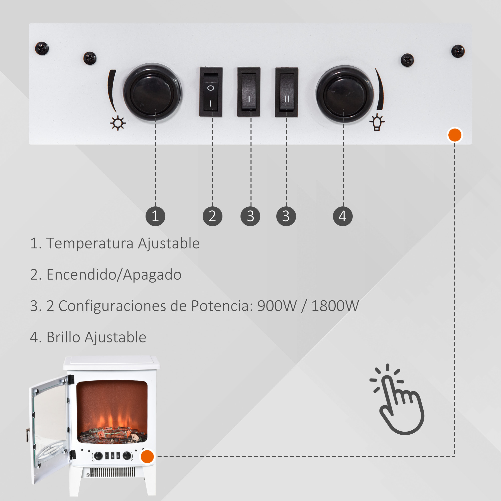 Chimenea Eléctrica Portátil de 900/1800W con Efecto de Llama Termostato Ajustable y Protección Sobrecalentamiento hasta 20 m² 39x26x54,8 cm Blanco