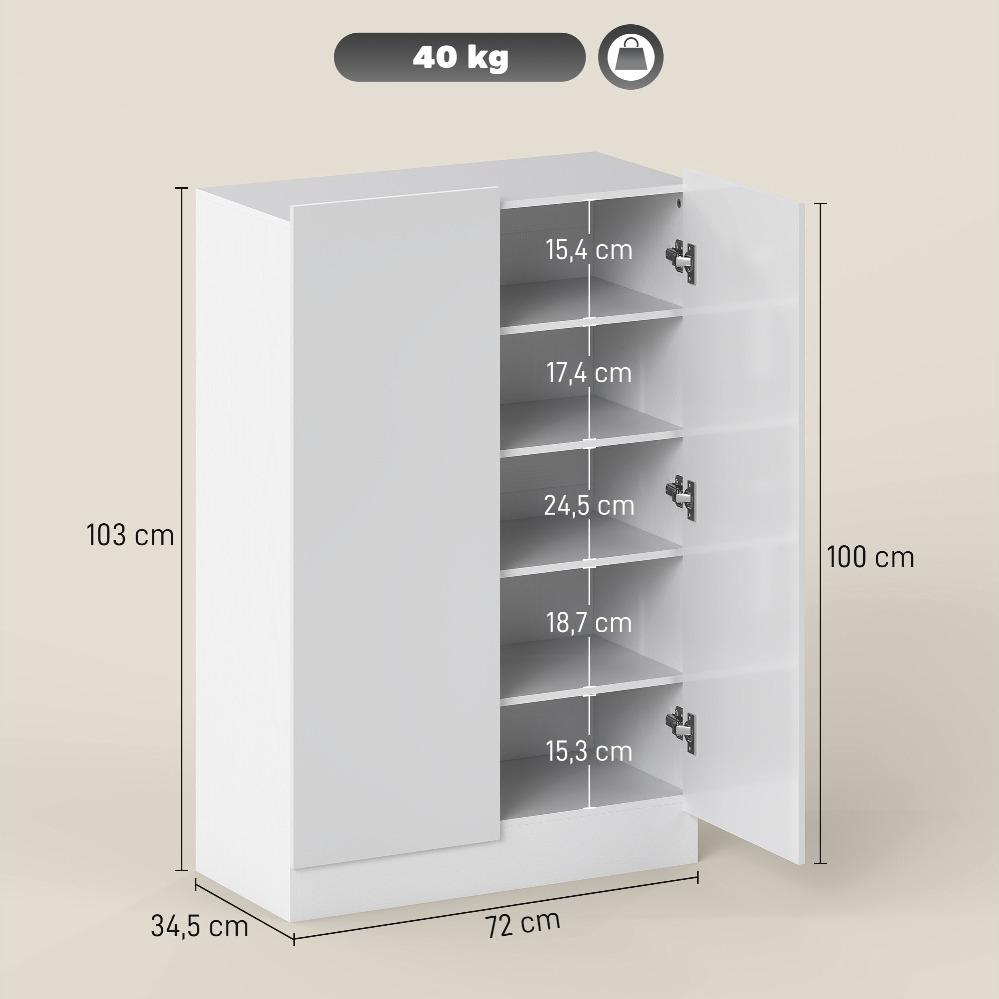 Zapatero de 2 Puertas con Cierre Suave, Zapatero Entrada Recibidor con Estantes Ajustables, Agujeros de Ventilación, para 20 Pares de Zapatos, 72x34,5x103 cm, Blanco Brillo