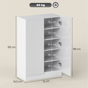 Zapatero de 2 Puertas con Cierre Suave, Zapatero Entrada Recibidor con Estantes Ajustables, Agujeros de Ventilación, para 20 Pares de Zapatos, 72x34,5x103 cm, Blanco Brillo