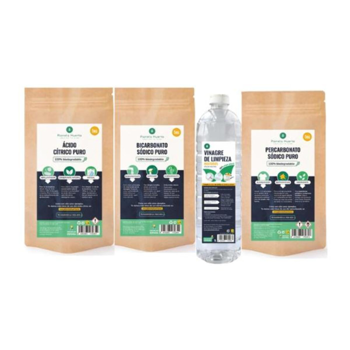PLANETA HUERTO | Pack Limpieza Sostenible Planeta Huerto - Kit Ecológico para una Limpieza Completa y Responsable, Incluye Bicarbonato Sódico, Percarbonato Sódico, Ácido Cítrico y Vinagre Blanco