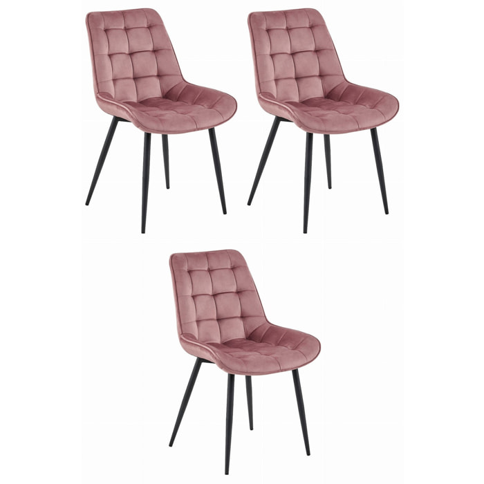 Set di 3 Sedie Bera in Velluto Rosa Antico e Metallo Nero