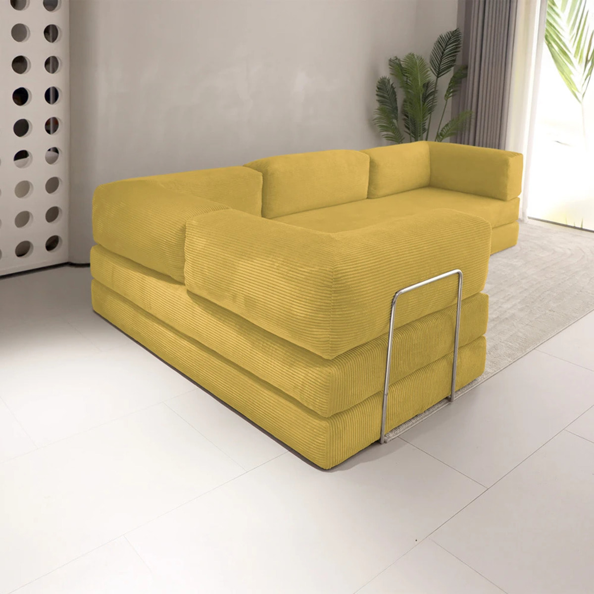 TRENDY - Canapé compressé 5 places angle modulable en velours côtelé jaune