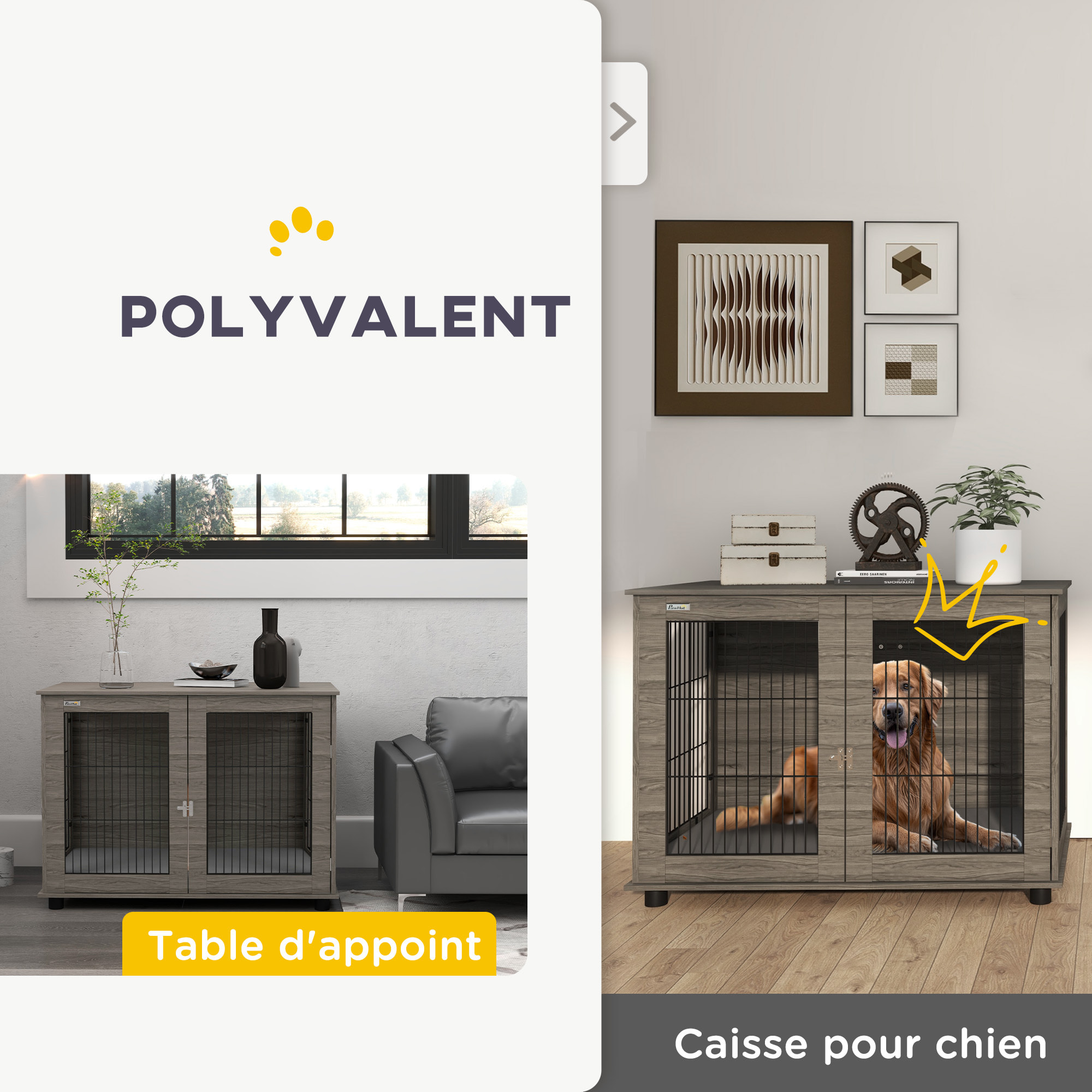 Cage pour chien intérieure dim. 100L x 60l x 73,5H cm - porte verrouillable, coussin déhoussable - acier noir aspect bois gris