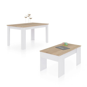 Pack mesa de comedor 140 y mesa de centro Vita Blanco Artik (Blanco Mate) - Roble Canadian