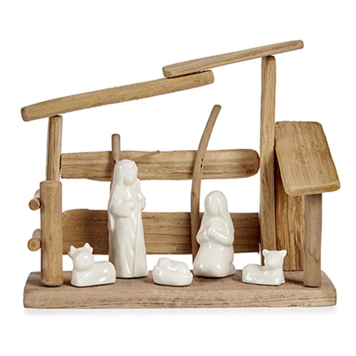 Presepe in legno con 5 statuine e portale.