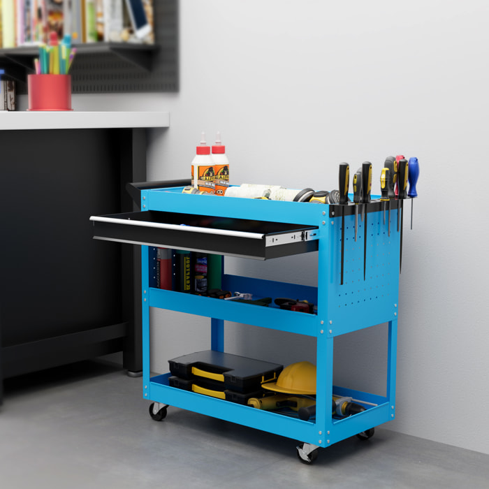 Servante d'atelier chariot à outils 2 étagères plateau grand tiroir tablette à outils acier bleu noir