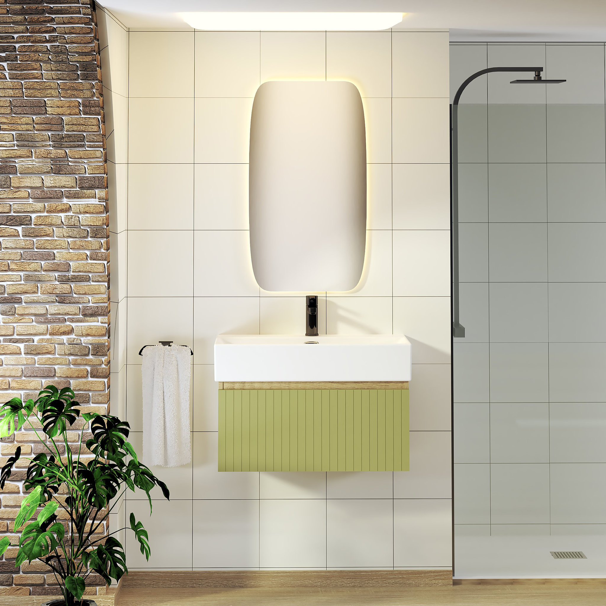 Conjunto de Baño Zel | Mueble Suspendido | 70 cm Verde | Un Cajón | Lavabo Encastrado | No incluye Espejo | Mueble Montado| Alday