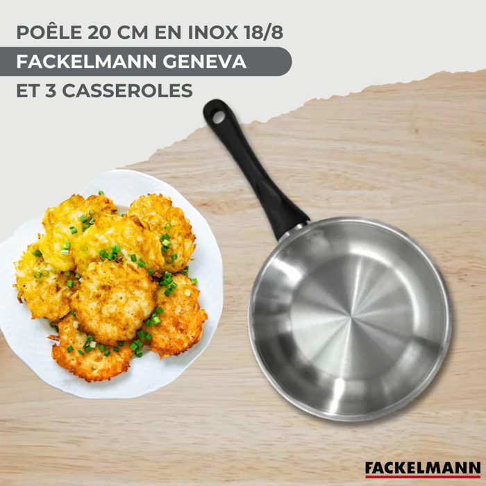 Lot Poêle et 3 Casseroles 12/16/20 cm Fackelmann Geneva avec 5 ustensiles Vario