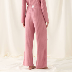 Pantalón de punto canalé Sisa color rosa Poliéster