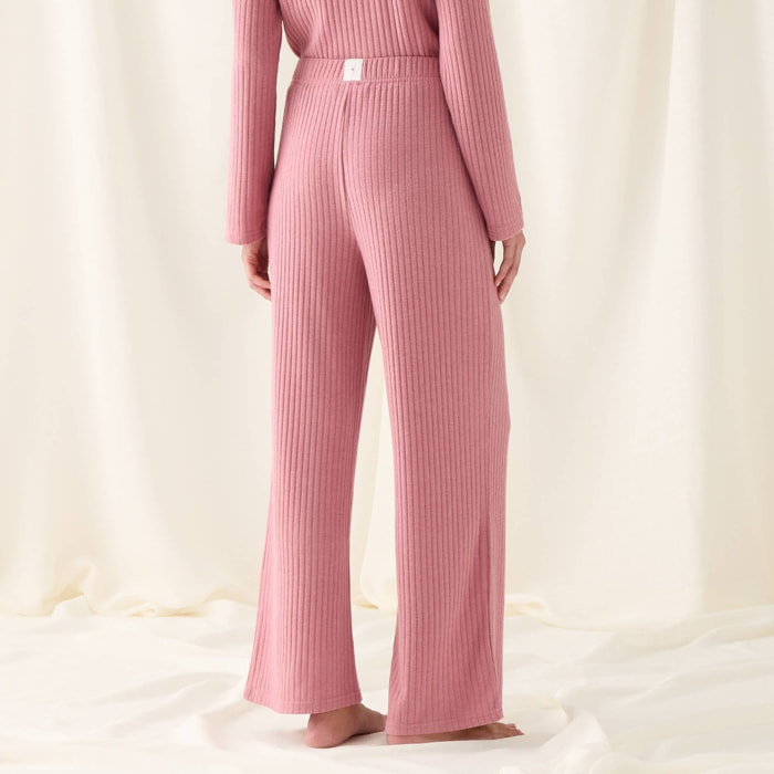 Pantalón de punto canalé Sisa color rosa Poliéster