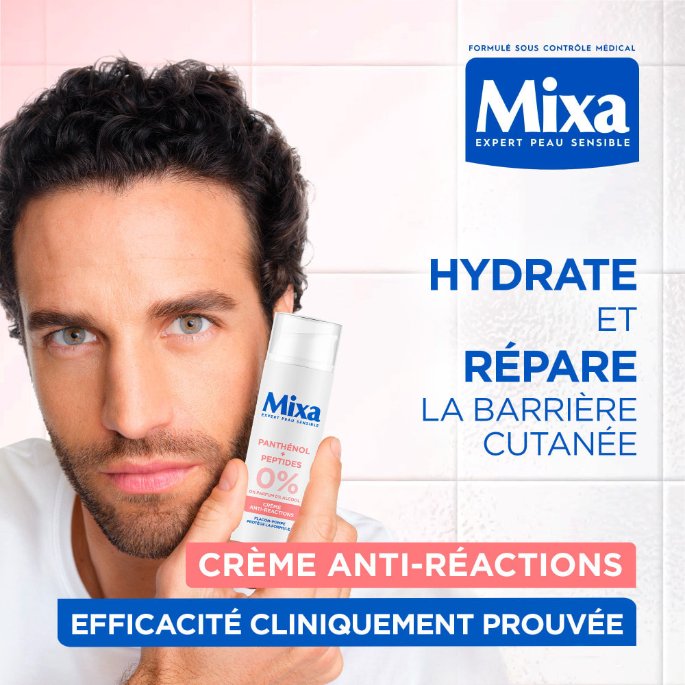 Mixa crème hydratante et réparatrice anti-reactions formulée à partir de Panthénol et Peptides pour hydrater et réparer la barri