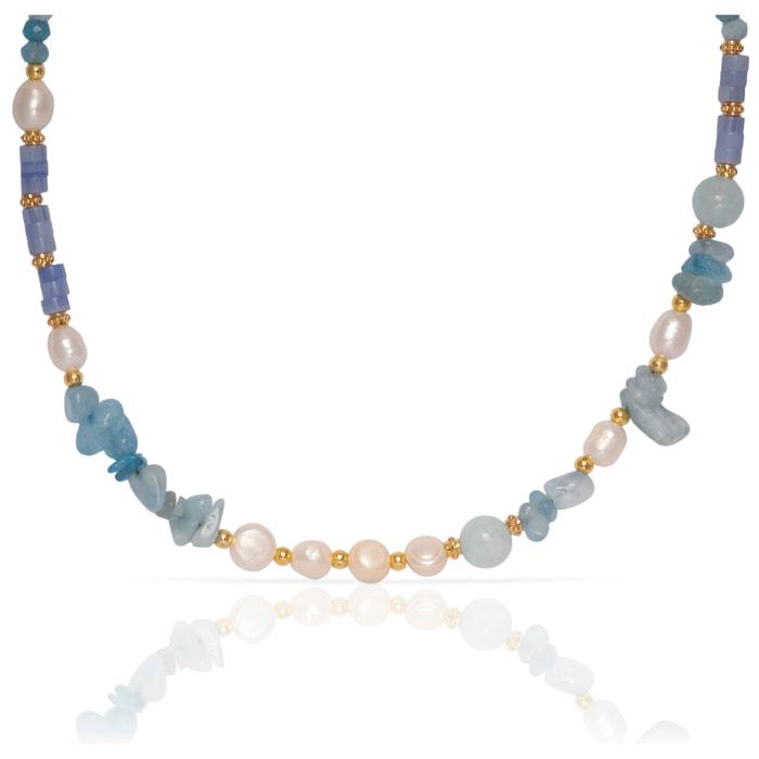 Egeria Collar de perlas naturales y aguamarina, con cierre de mosquetón.