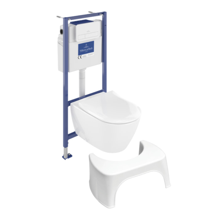 Pack WC sans bride Subway 2.0 avec abattant frein de chute + bâti Viconnect PRO + plaque Chromé mat  + Tabouret blanc