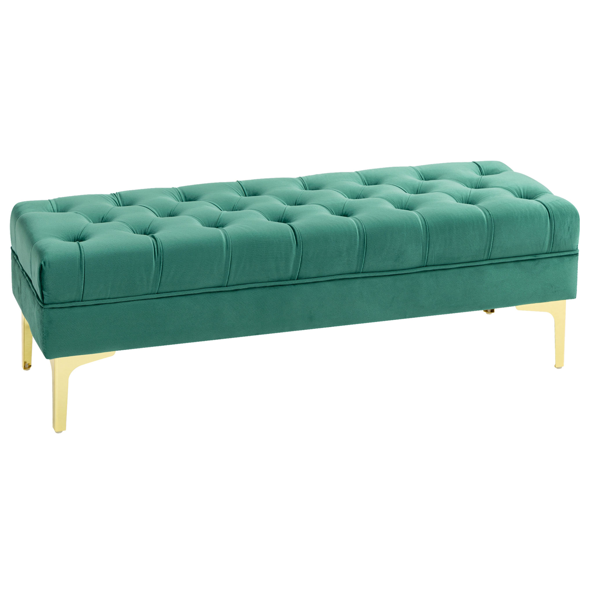 Banc banquette capitonnée style classique chic dim. 118L x 45l x 42H cm piètement métal doré velours vert