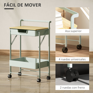 Carrito Auxiliar con Ruedas de 2 Niveles Carro de Cocina con 1 Cajón y 1 Cesta Carrito Organizador para Dormitorio Salón Oficina Verde Claro