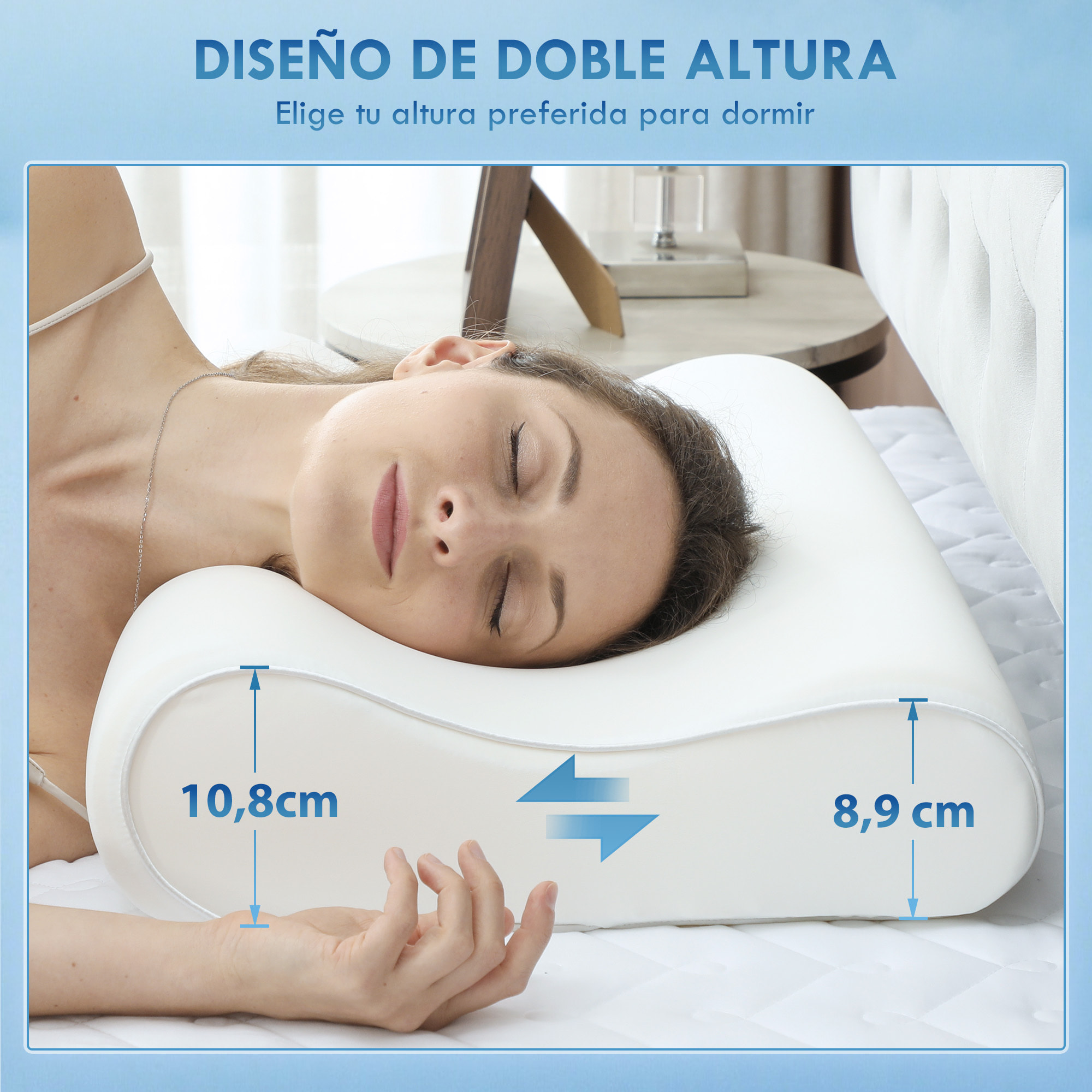 Almohada Cervicales y Cuello de Espuma Viscoelástica, Almohada Ortopedica con Diseño Ergonómico, Doble Altura, Funda Extraíble y Lavable, para Soporte de Cuello, Dormir de Lado y Boca Arriba