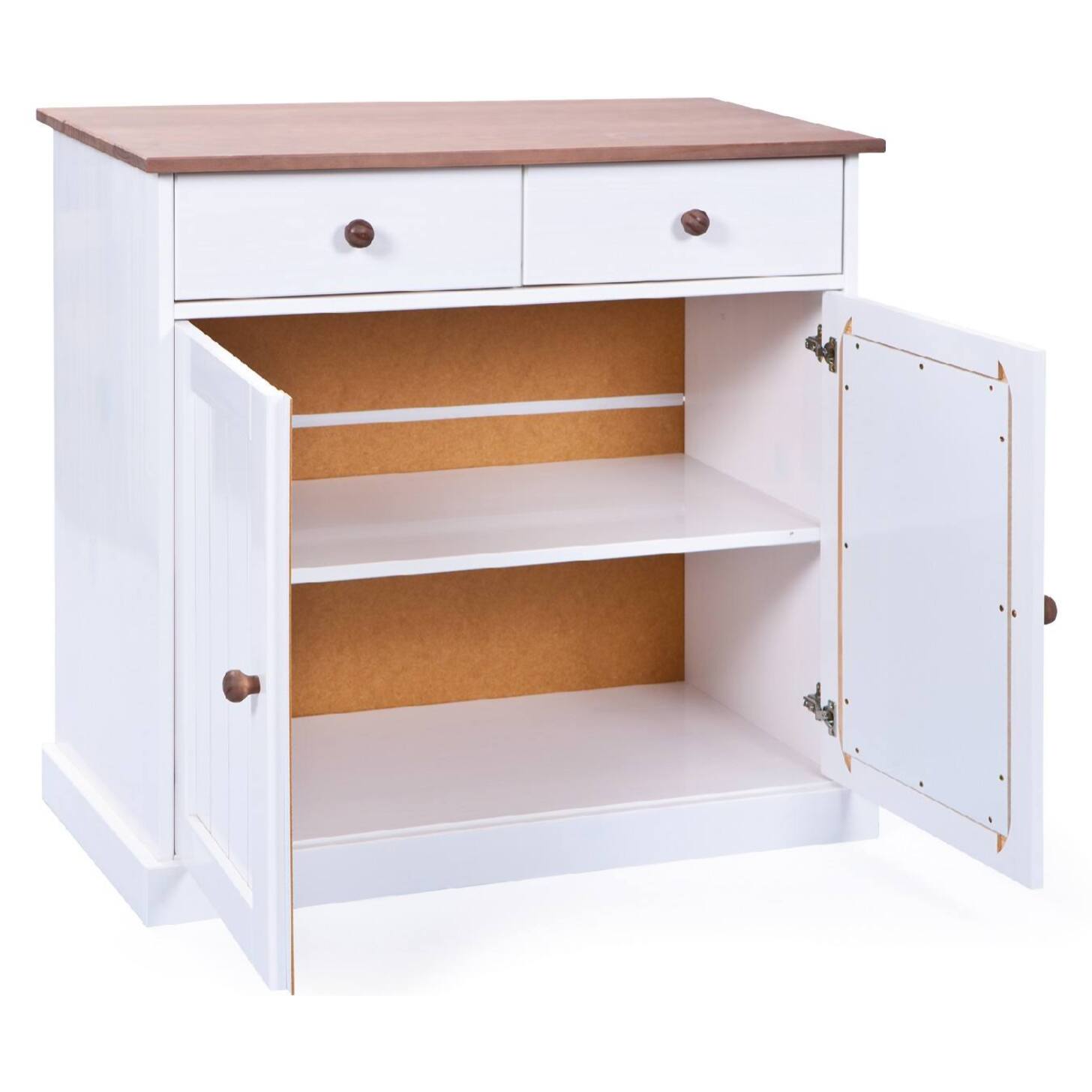 Credenza a due ante e due cassetti, colore bianco e marrone, cm 90 x 86 x 45.