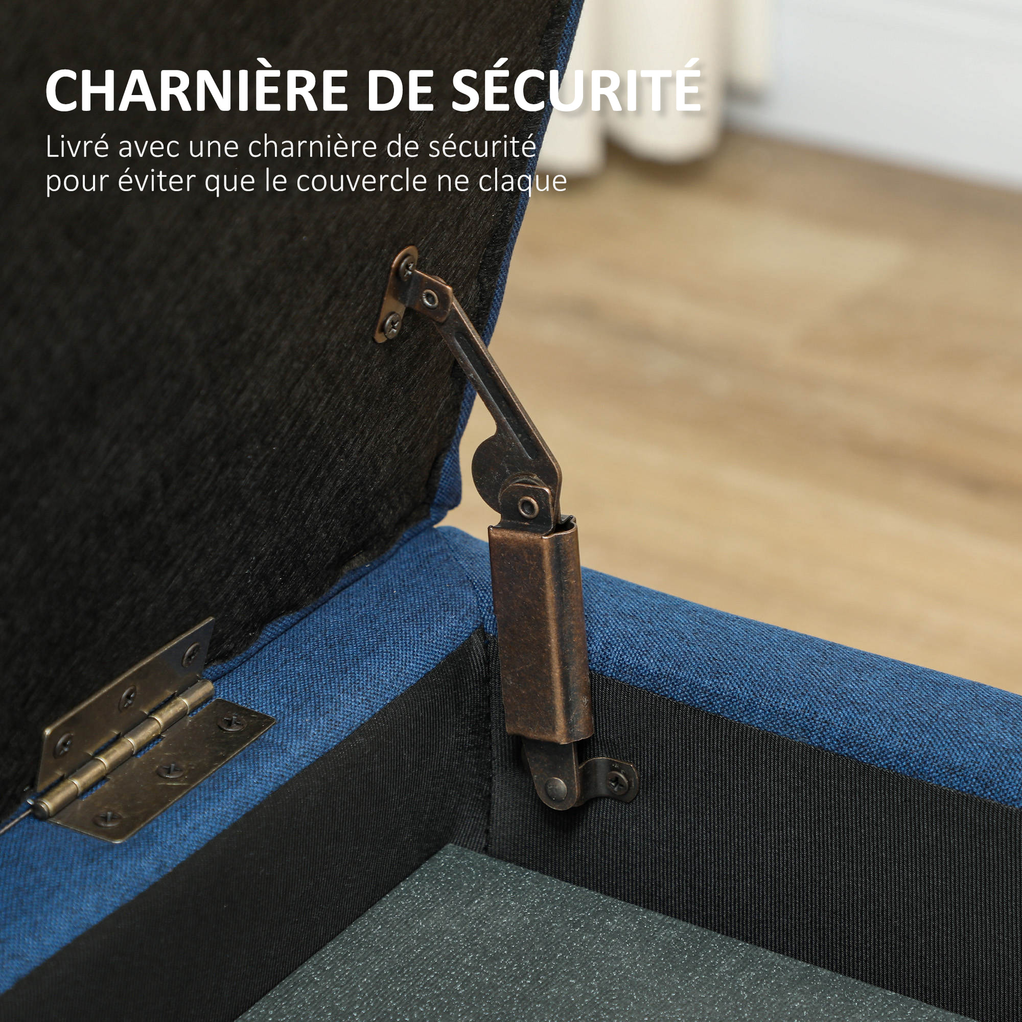 Banquette coffre style Chersterfield siège capitonné tissu pieds bois dim. 125 x 49 x 41 cm bleu
