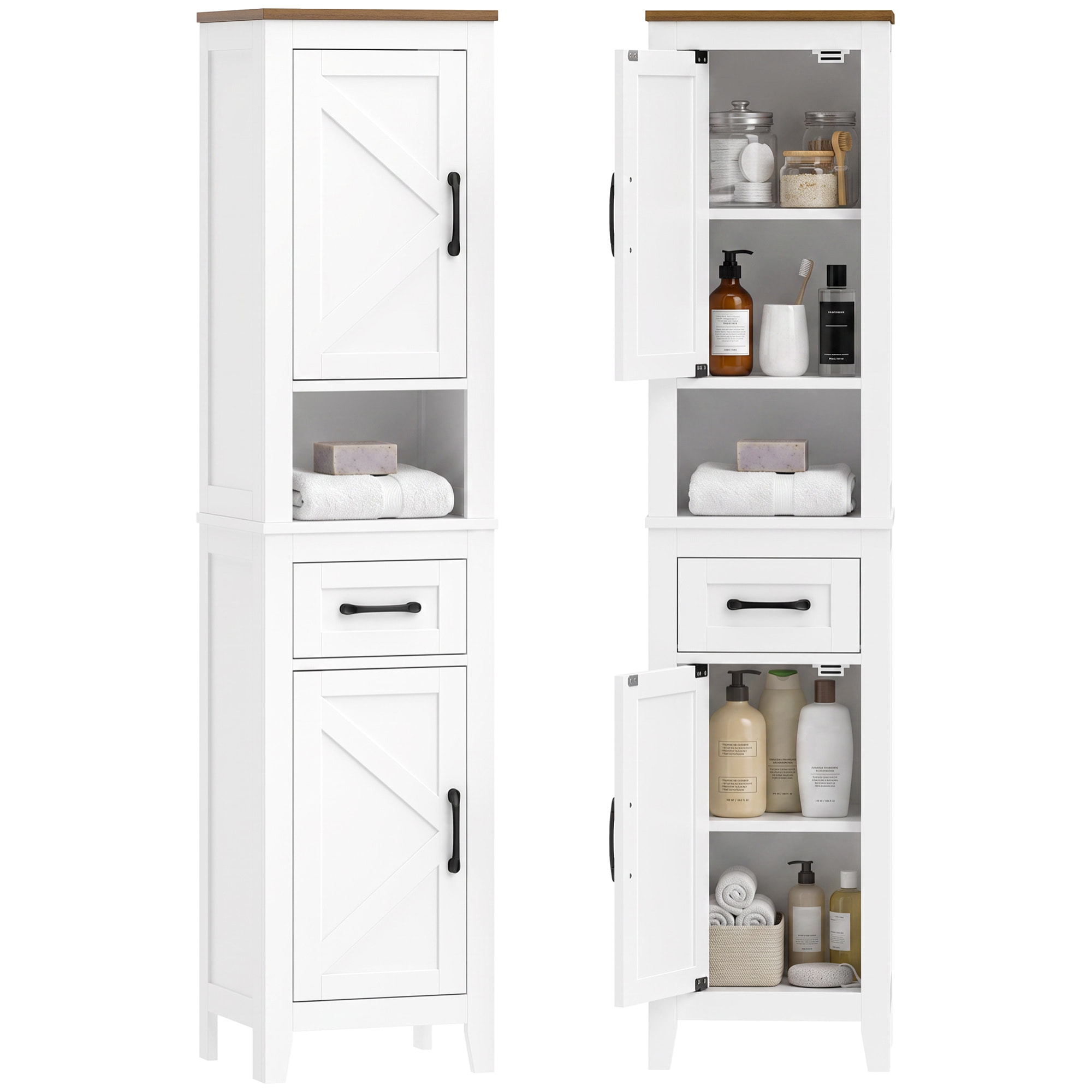 HOMCOM Armario de Baño Alto, Mueble de Baño Estrecho con Cajón, Estante Abierto, Puertas y Estantes Ajustables, Estilo Rústico, 34,5x30x148 cm, Blanco