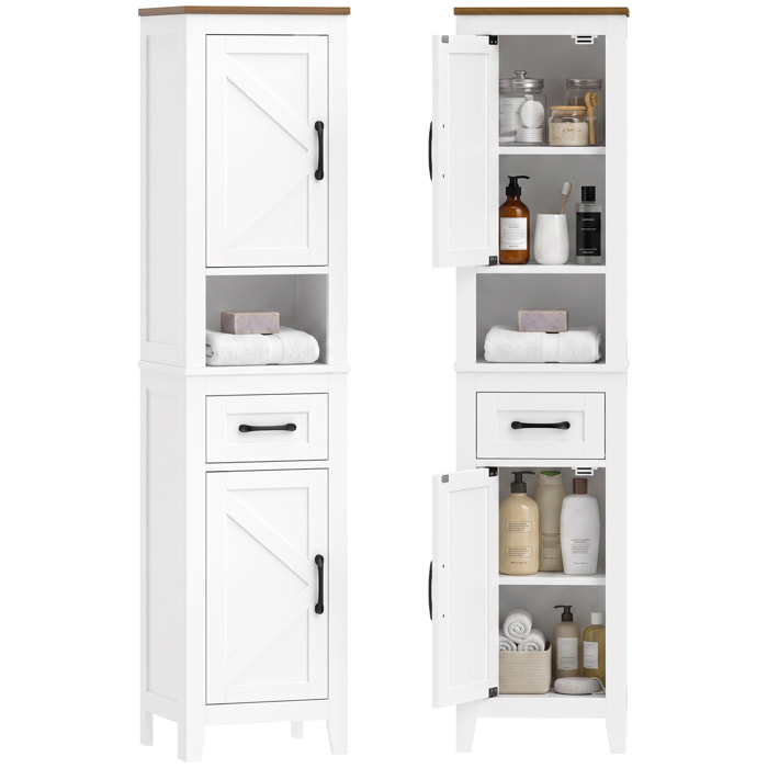 HOMCOM Armario de Baño Alto, Mueble de Baño Estrecho con Cajón, Estante Abierto, Puertas y Estantes Ajustables, Estilo Rústico, 34,5x30x148 cm, Blanco
