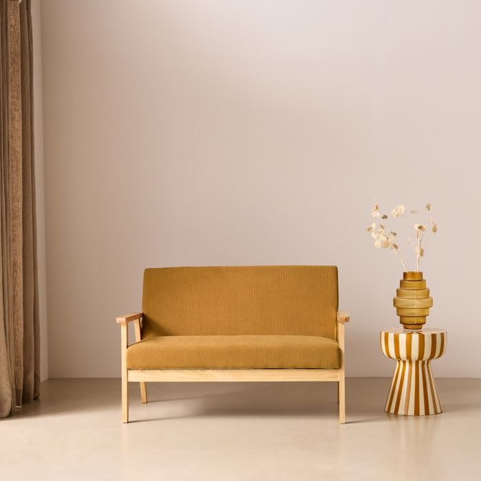 Canapé banquette 2 places bois d'hévéa velours côtelé ISAK
