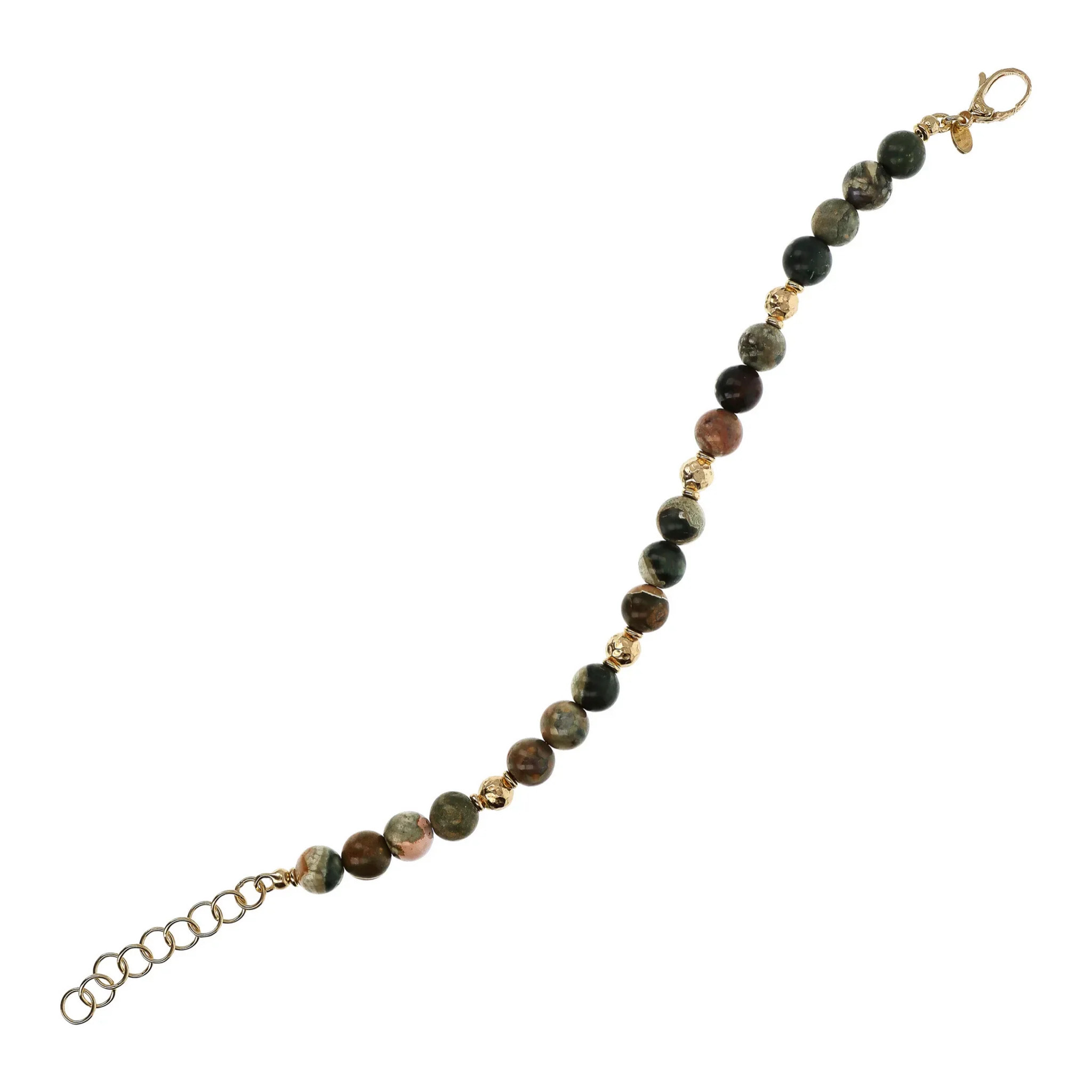 Bracciale in Argento 925 placcato Oro Giallo 18Kt con Elementi Martellati e Sfere in Avventurina Rosa Sfaccettata