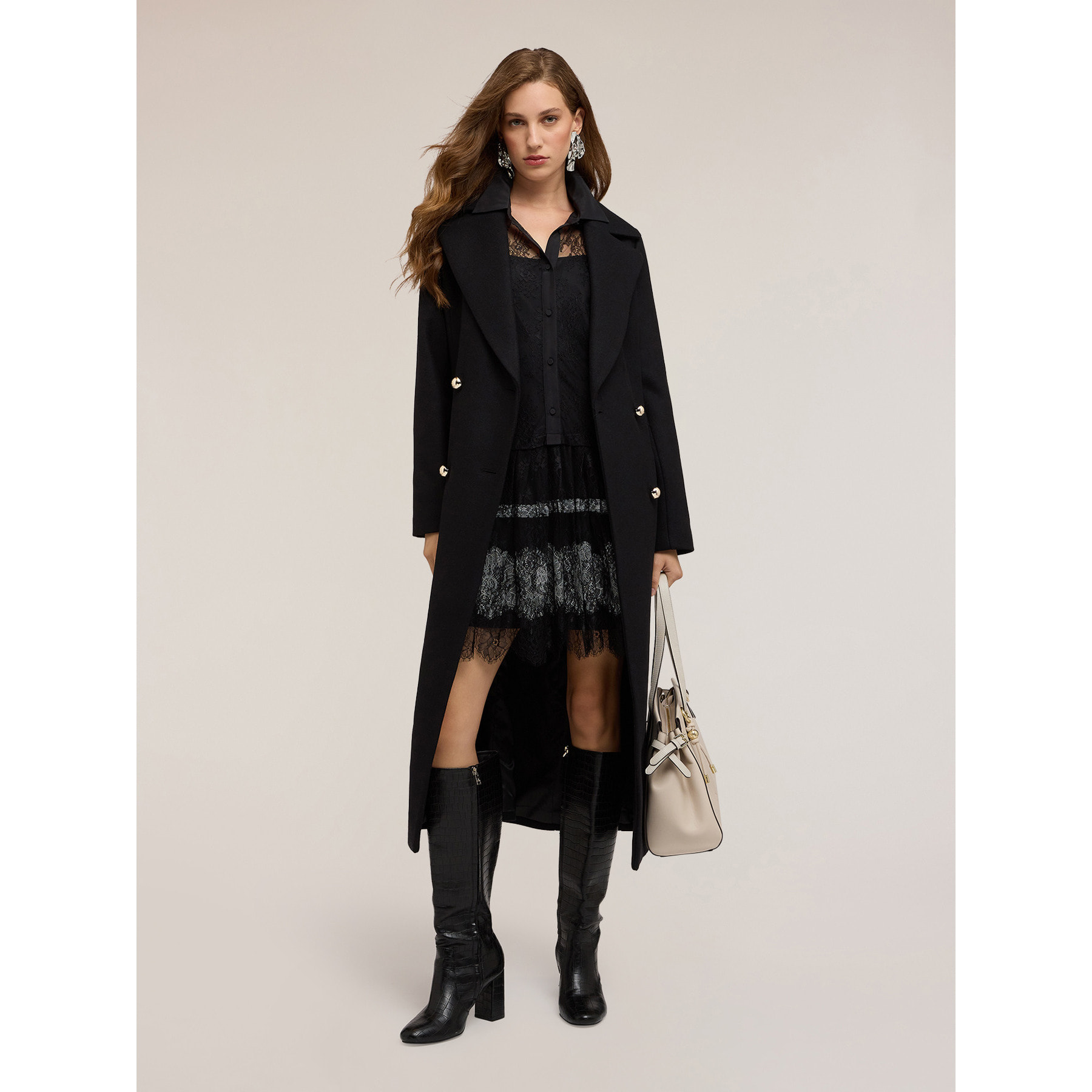 Motivi - Abrigo cruzado de paño de lana mixta - Negro