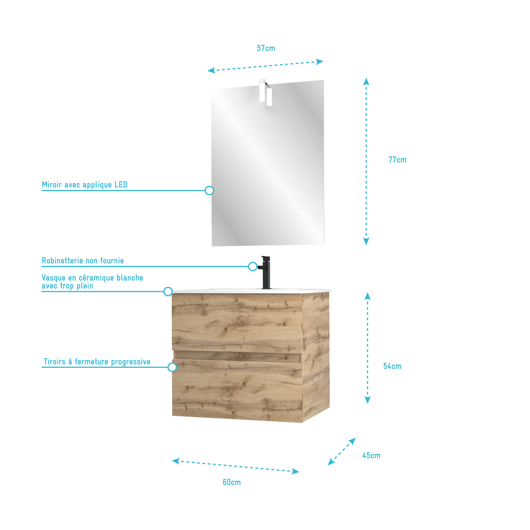 Pack Meuble SDB 60cm suspendu 2 tiroirs Chene_Vasque blanche + Miroir Led - TIMBER 60_Pack31