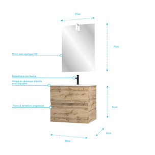 Pack Meuble SDB 60cm suspendu 2 tiroirs Chene_Vasque blanche + Miroir Led - TIMBER 60_Pack31