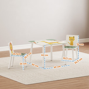 Mesa y Sillas Infantiles de 3 Piezas, Mesa Infantil con 2 Sillas de Madera de Pino, Juego de Muebles con Dibujos de Leones para niños de +3 Años, para Dormitorio, Sala de Juegos, Verde