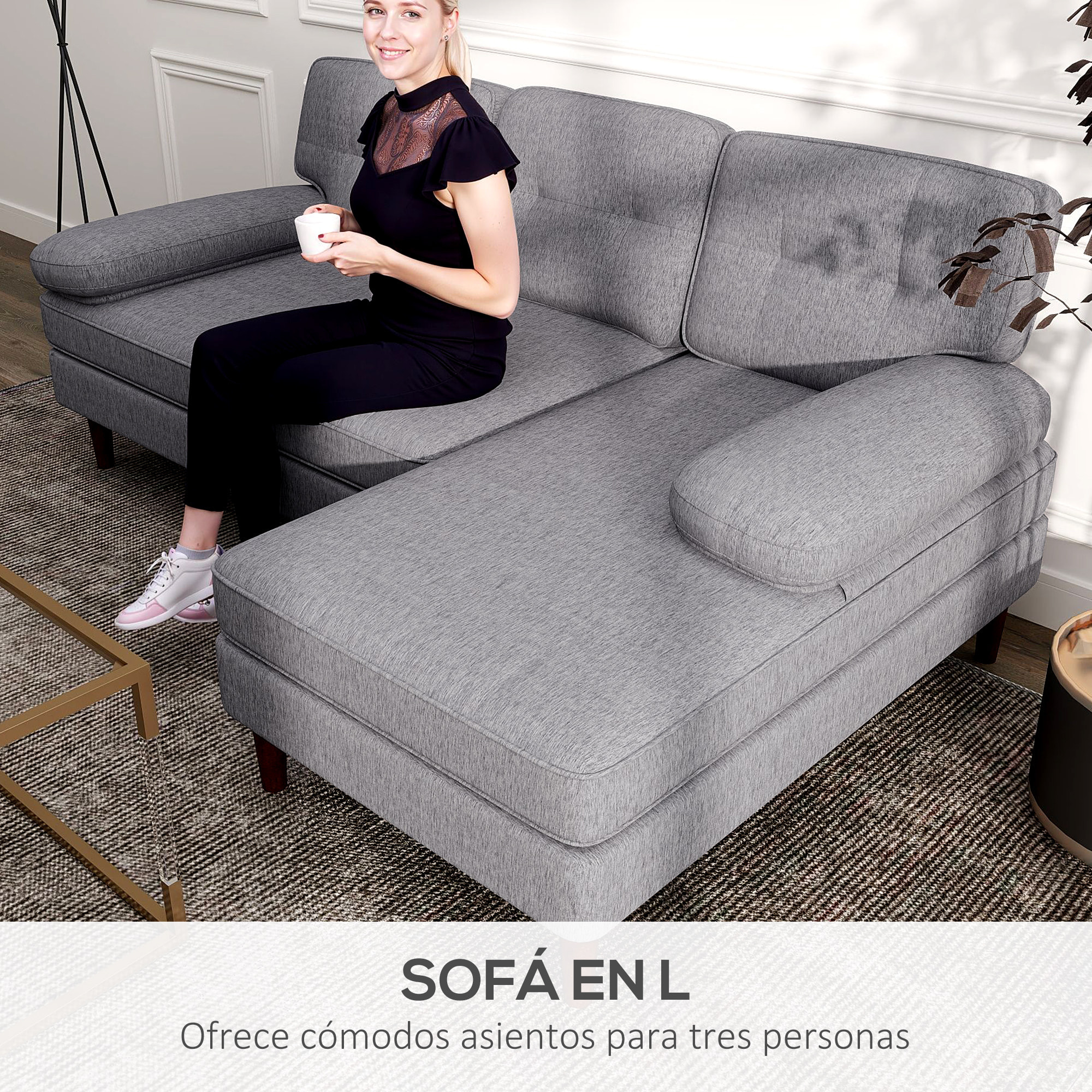 Sofá Esquinero de 3 Plazas Tapizado en Chenilla, Sofá Chaise Longue en Forma de L con Patas de Madera y Reposabrazos, Estilo Moderno, para Salón, 215x142x88 cm, Gris