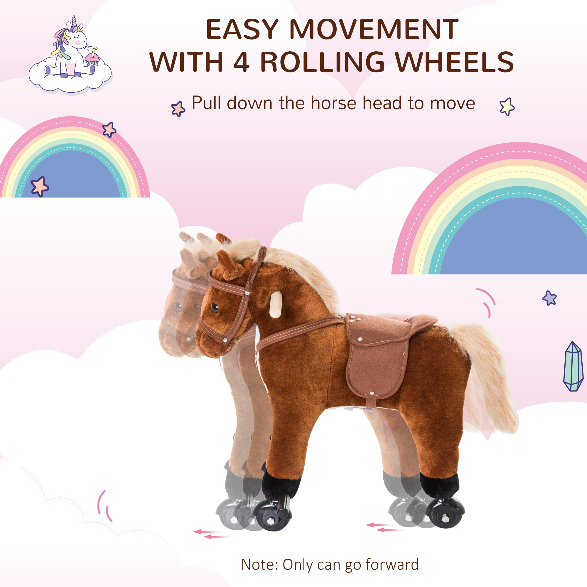 Porteur cheval pour enfant +36 mois effet sonore repose-pieds poignées marron blanc