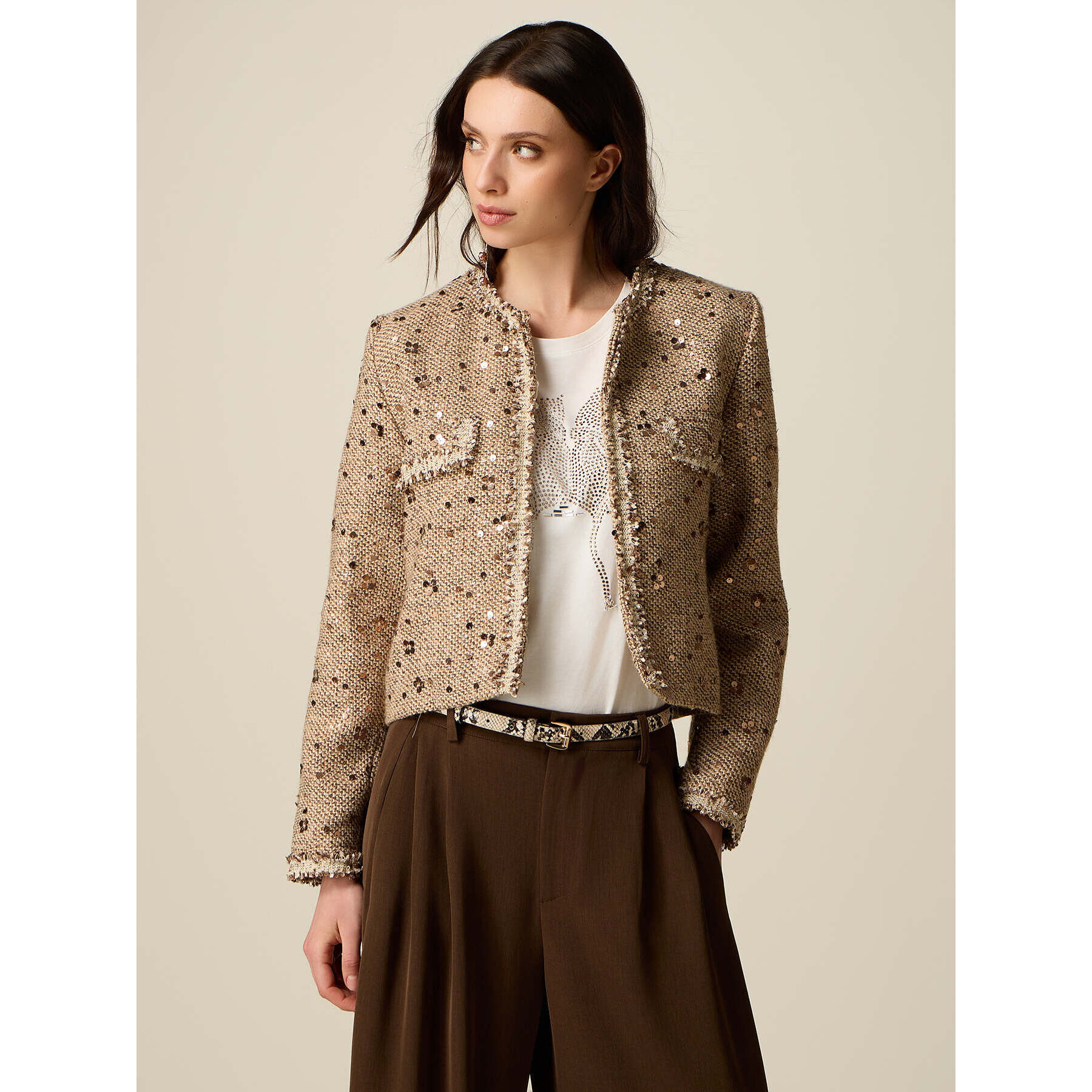 Oltre - Chaqueta de tejido estructurado con lentejuelas - Beige