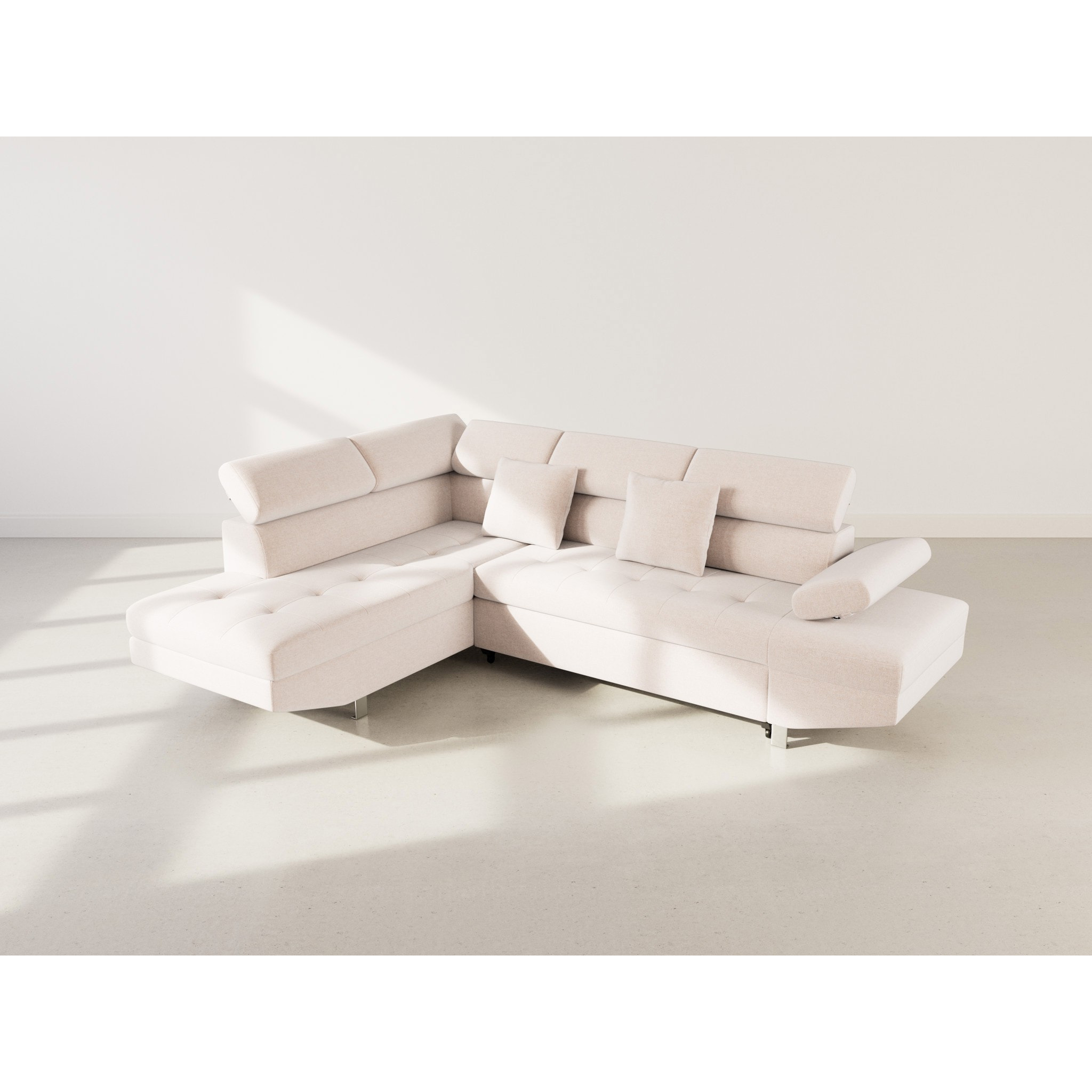 Margaux - Canapé d'angle gauche 5 places convertible avec coffre et têtières réglables en velours texturé - Beige