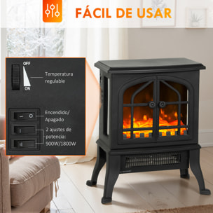 Chimenea Eléctrica de Pie, Chimenea Decorativa, 900/1800W, Efecto Llama 3D, 2 Niveles de Potencia, Termostato Ajustable, Ventanas Visibles, para 15-30 Ã£Å½Â¡, Negro