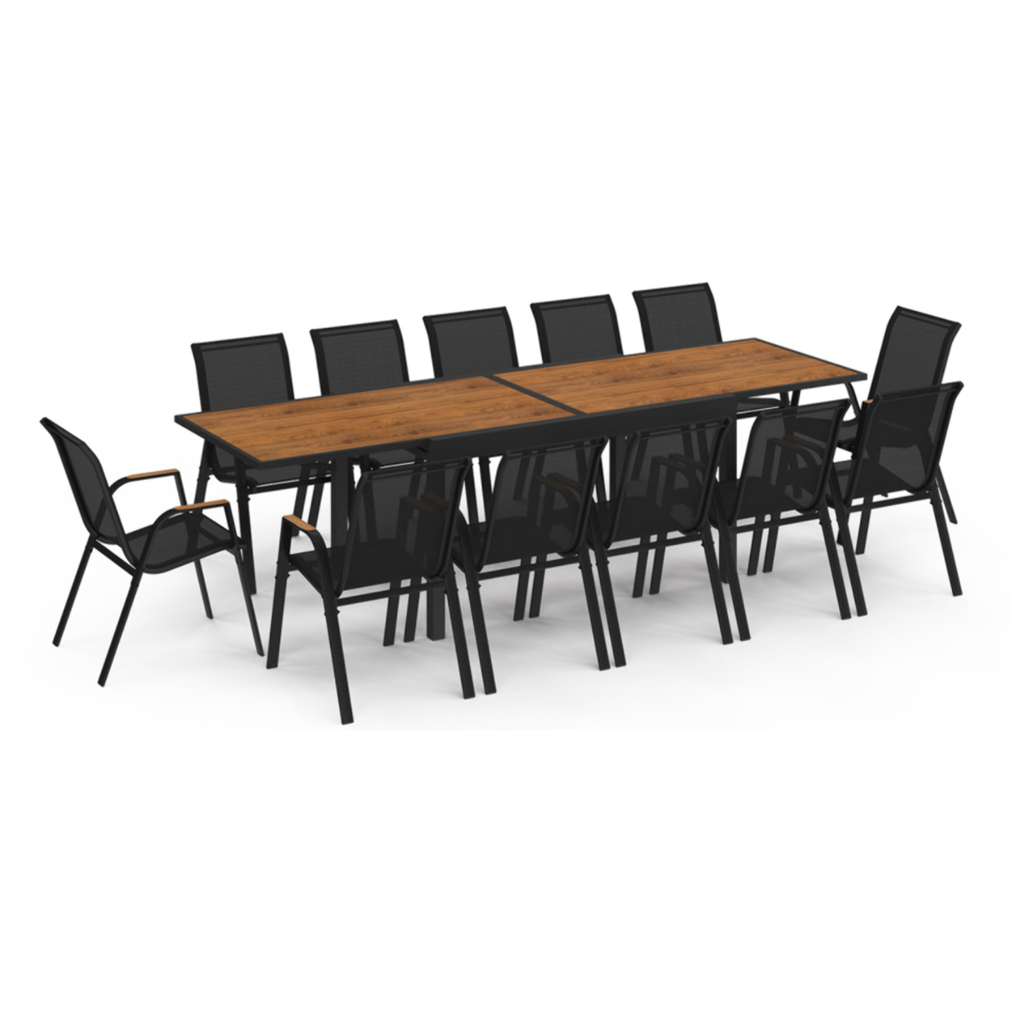 Ensemble repas extensible Timbia 12 places noir et verre trempé effet bois