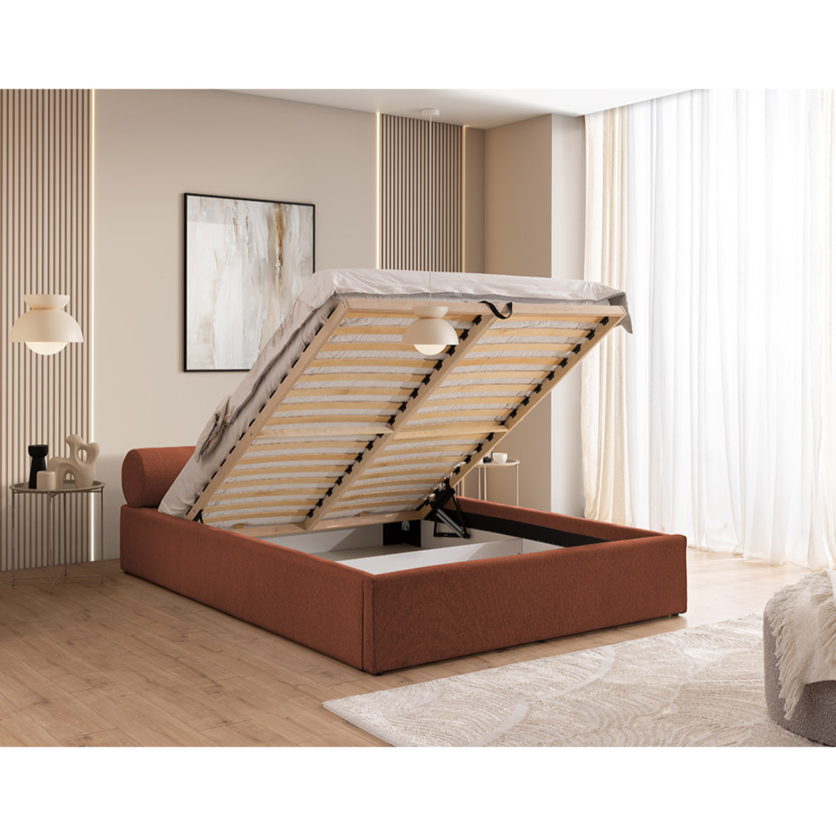 Billy - lit coffre - 180x200 cm - en tissu texturé - sommier inclus - Terracotta