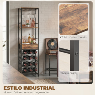 Mueble de Bar para Vinos con Soporte de Copas y Cajón, Botellero para 12 Botellas, con Estante Abierto, Estilo Industrial, para Cocina, Comedor, Bar, 40x30x148 cm, Marrón Rústico
