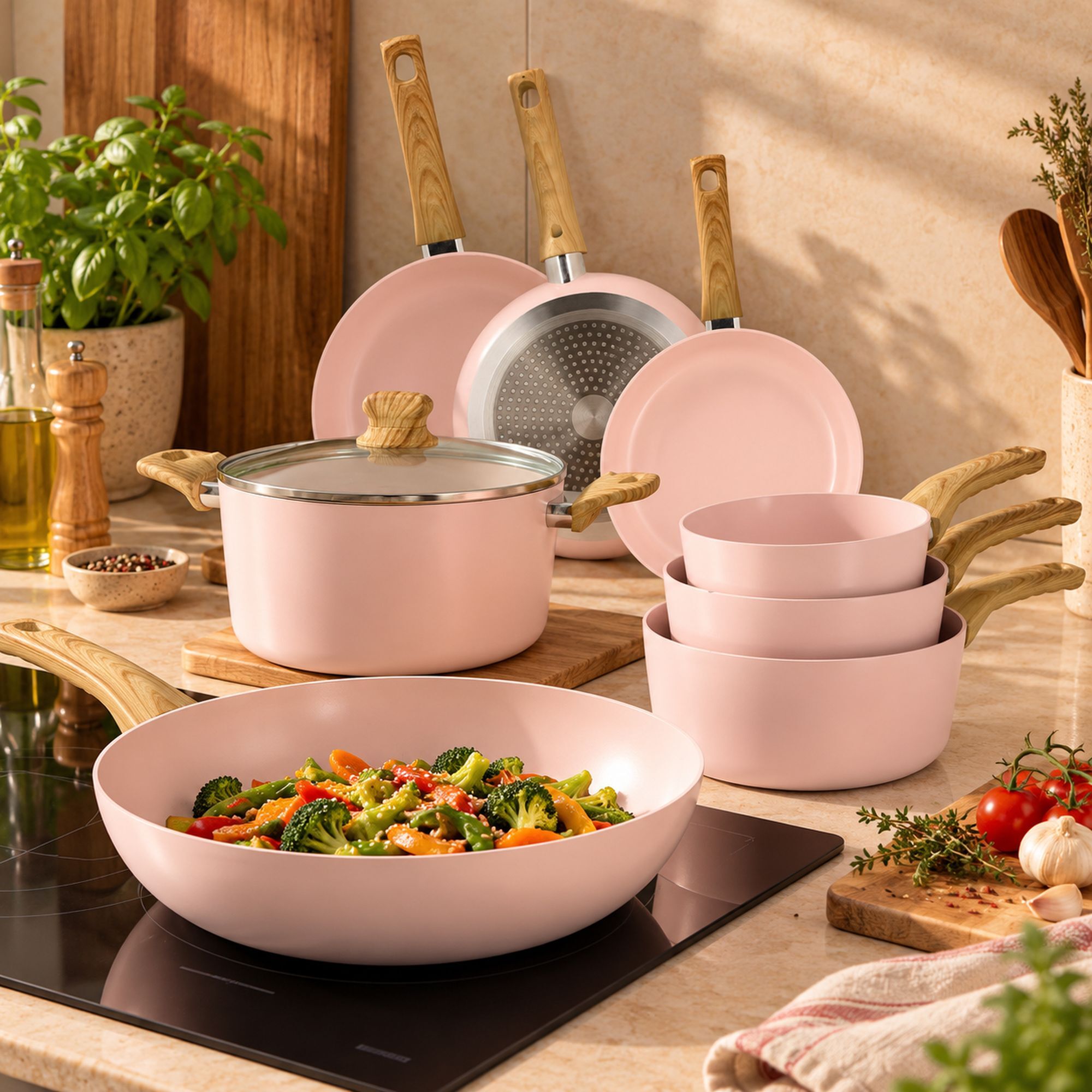 Batterie de cuisine 7 pièces en céramique rose - tous feux COLORAMA