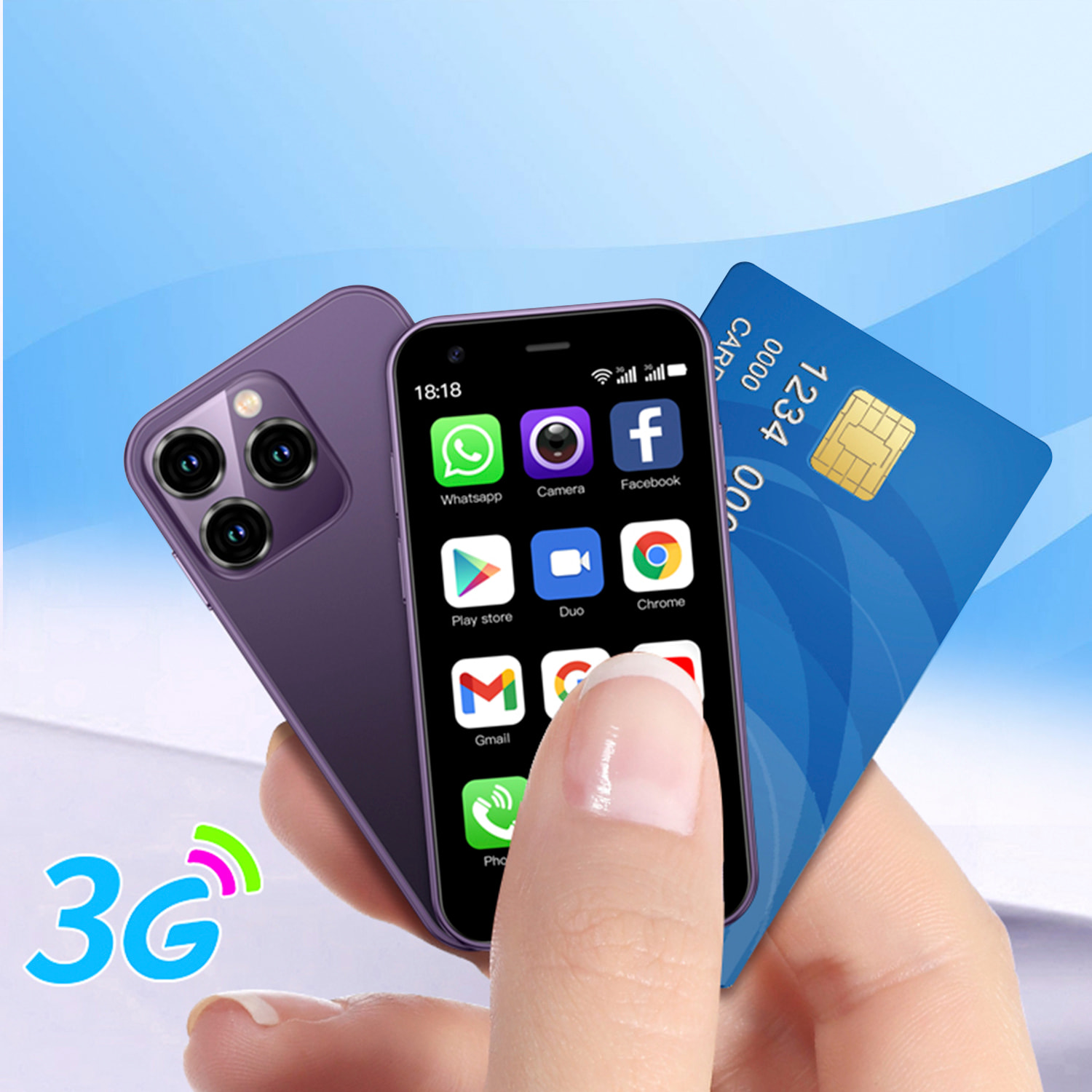Mini smartphone XS15 3G, Android 8.1, 2 GB RAM + 16 GB. Schermo da 3''. Doppia scheda SIM.