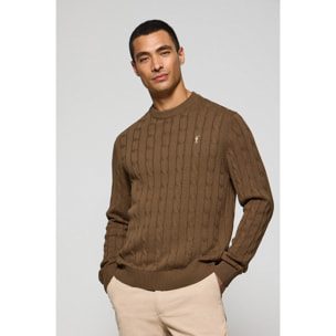 Maglione color moka in filo intrecciato a girocollo e ricamo Rigby Go