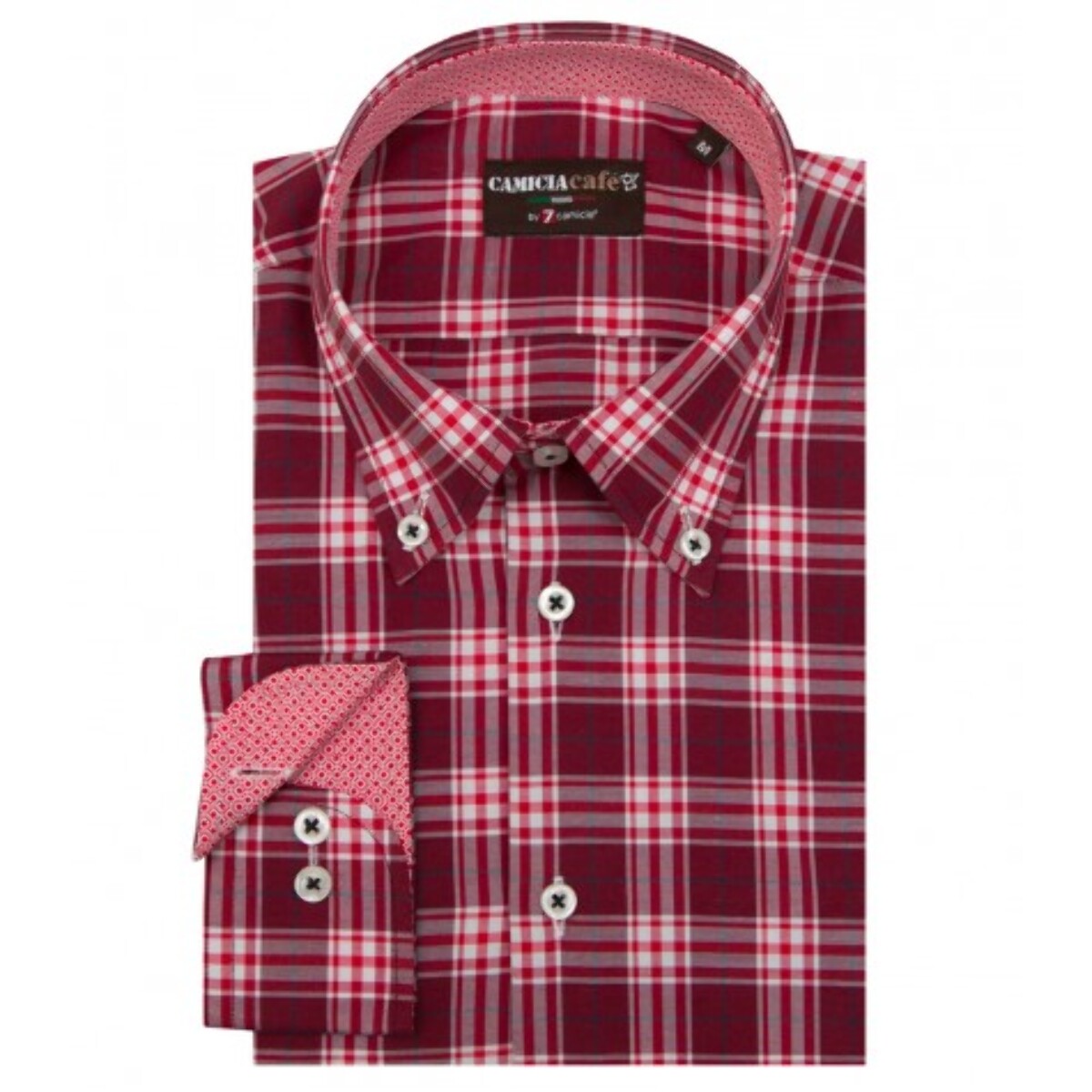 Camicia Uomo 1 Bottone Button Down Slim Cotone Poliestere Quadro medio Rosso Bordeaux/Bianco
