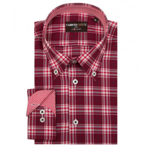 Camicia Uomo 1 Bottone Button Down Slim Cotone Poliestere Quadro medio Rosso Bordeaux/Bianco
