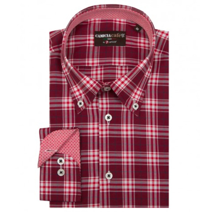 Camicia Uomo 1 Bottone Button Down Slim Cotone Poliestere Quadro medio Rosso Bordeaux/Bianco