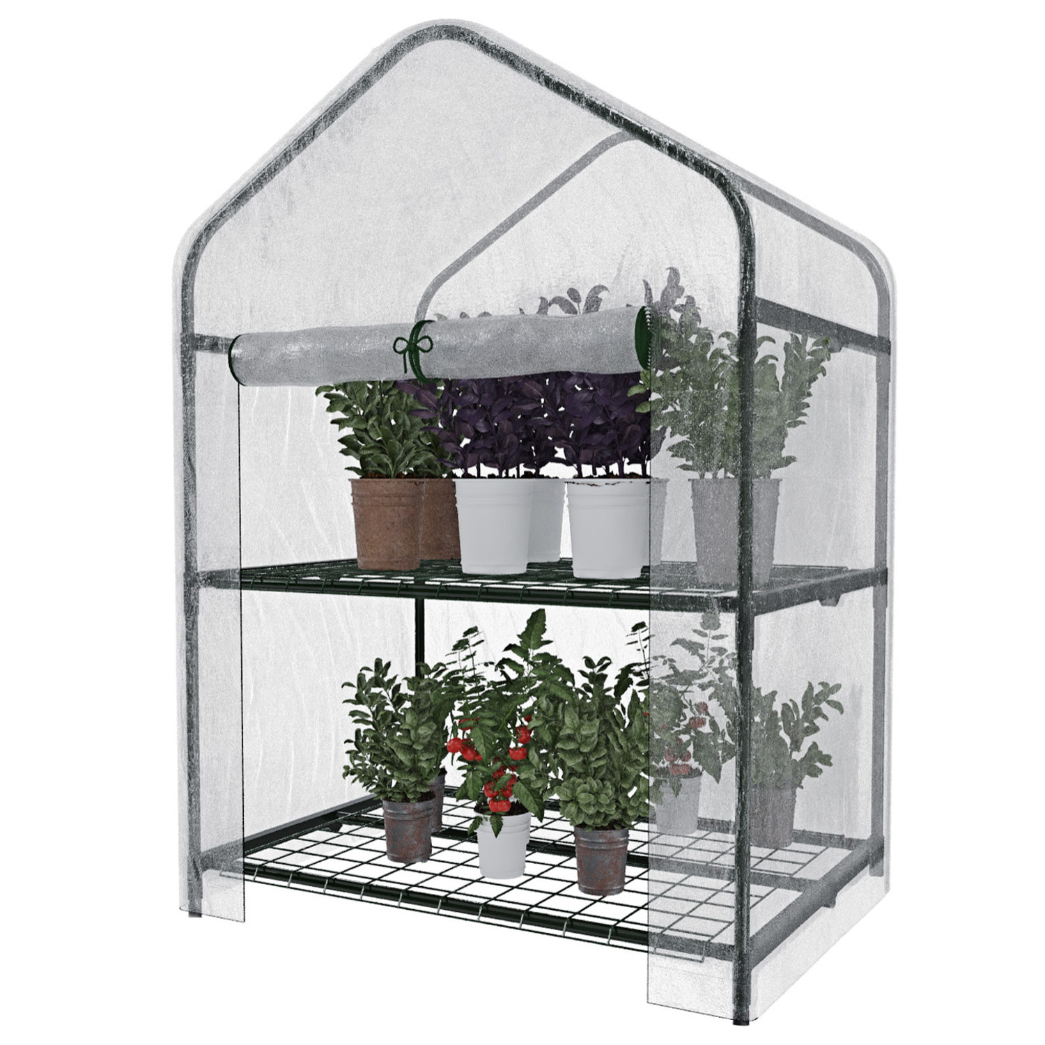 Serra A 2 Ripiani Da Giardino Per Orto Telaio In Acciaio Verniciato Telo PVC Trasparente Porta Avvolgibile Apertura A Cerniera Con ruote 69x49x125 Cm