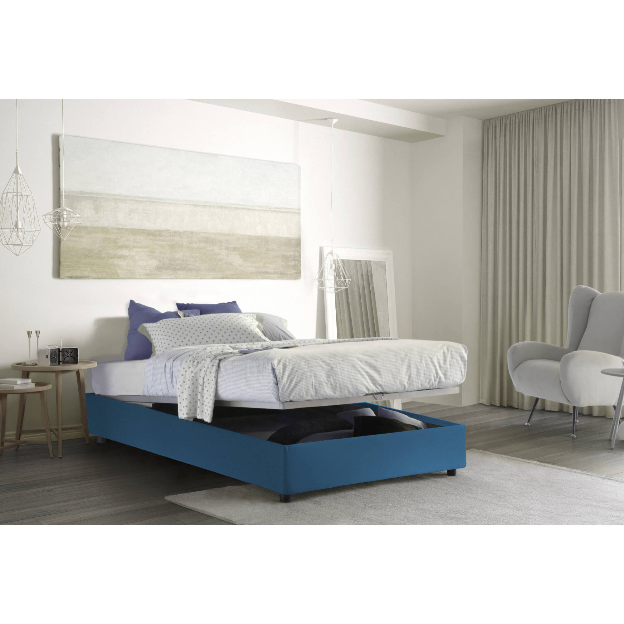 Letto matrimoniale Gioia, Letto contenitore con rivestimento in tessuto, 100% Made in Italy, Apertura frontale, con materasso Cm 140x200 incluso, Blu