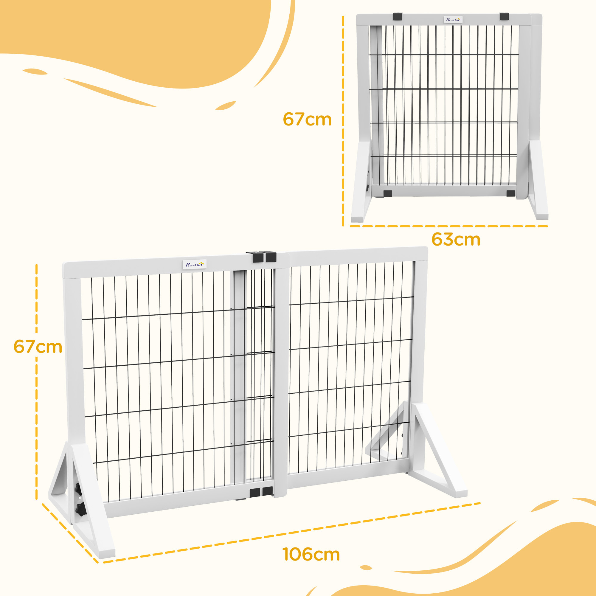 Barrière de sécurité pour chien, barrière de protection à 2 panneaux largeur réglable 63-106L x 44l x 67H cm, barrière pour escalier, porte, couloirs, en bois de pin et acier, blanc