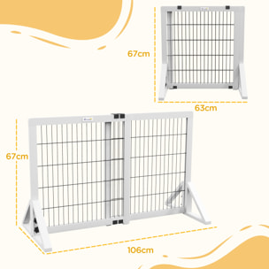 Barrière de sécurité pour chien, barrière de protection à 2 panneaux largeur réglable 63-106L x 44l x 67H cm, barrière pour escalier, porte, couloirs, en bois de pin et acier, blanc